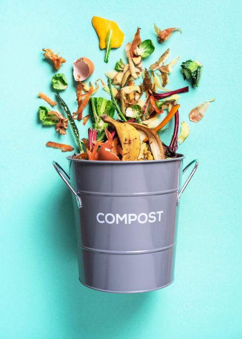 Peeled vegetables in white compost bin on blue background. Trash bin for composting with leftover